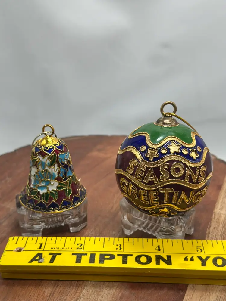 Vintage Cloisonné Ornaments Seasons Greetings & Bell Shelf Sitters Enamel Brass