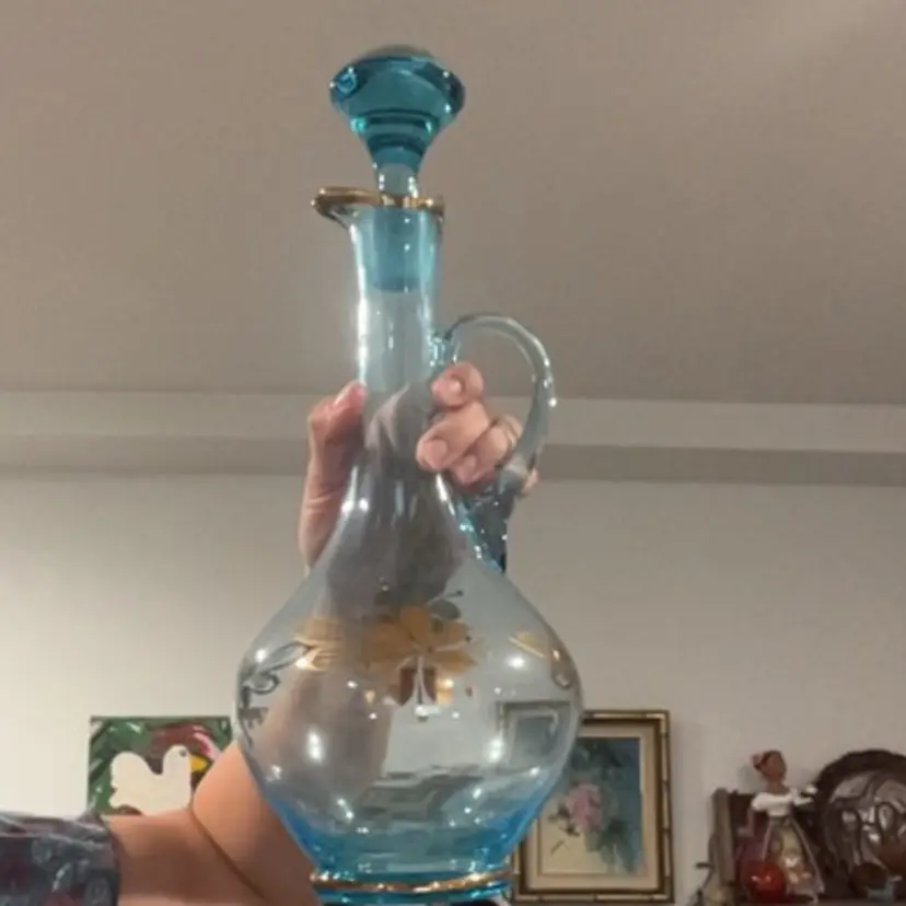 MCM Bohemian Aqua Blue Glass Decanter With 4 Long Stem Glasses 14.5