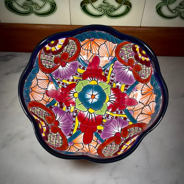 Mexican Talavera Pottery Centerpiece Decorative Serving Bowl Folk Art Mexico 3x8.5"