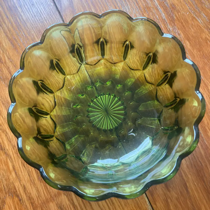 Anchor Hocking Fairfield avocado green glass serving bowl.