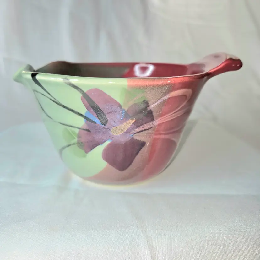47  Ken Follette Spouted Pottery Bowl Floral w/Handle Handpainted Signed
