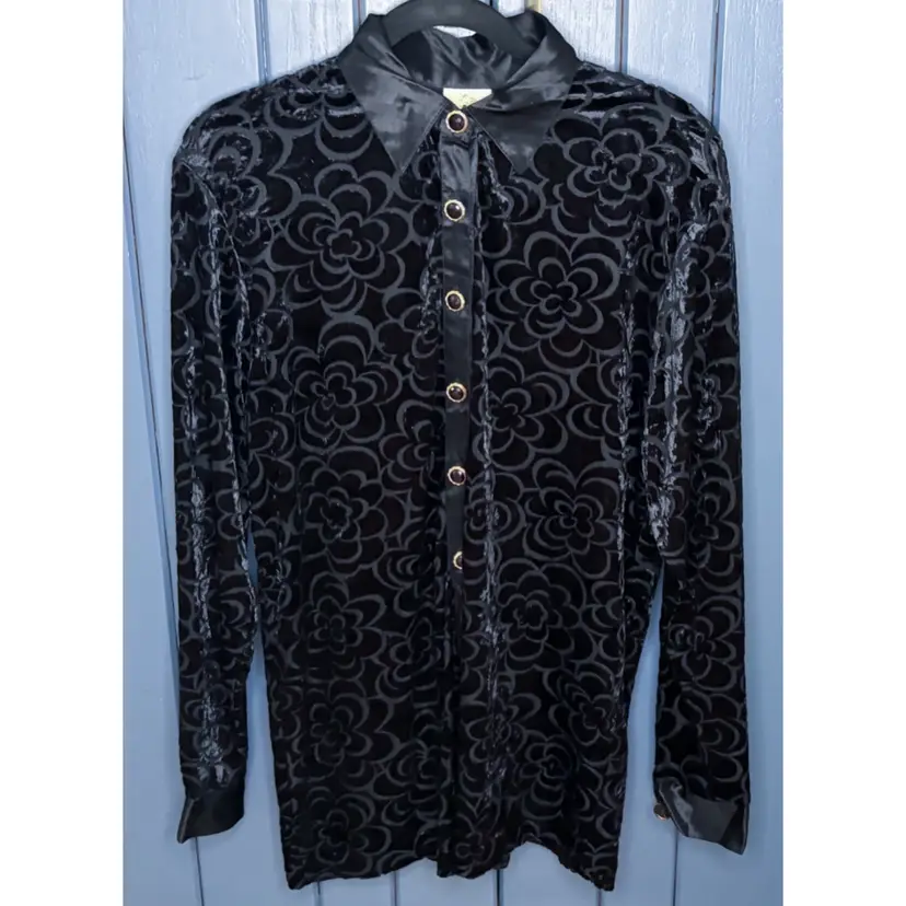 Vintage Floral Velvet & Sheer Shirt Blouse with Satin Trim Size XL Cottage Goth