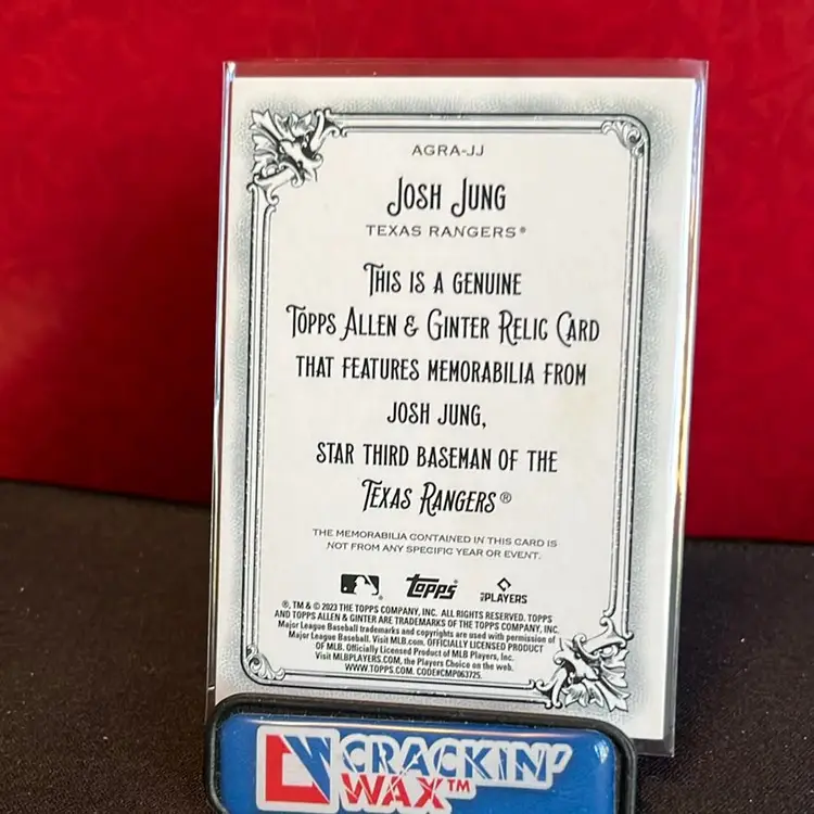 Josh Jung 2023 Topps Allen & Ginter RC Relic Card Jersey Texas Rangers