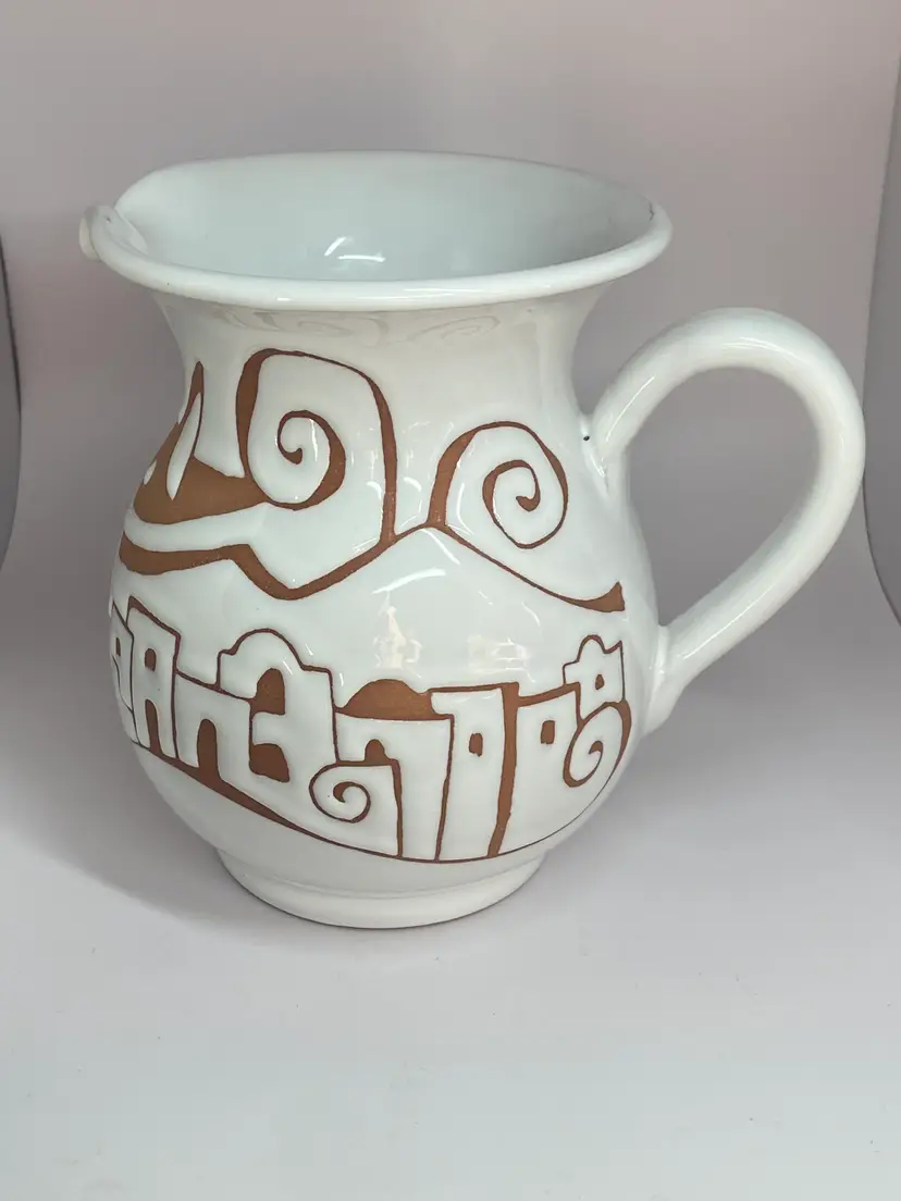 Napoli Crete Pitcher w/ White Glaze Cut In Terra Cotta Design, 6.25" Tall