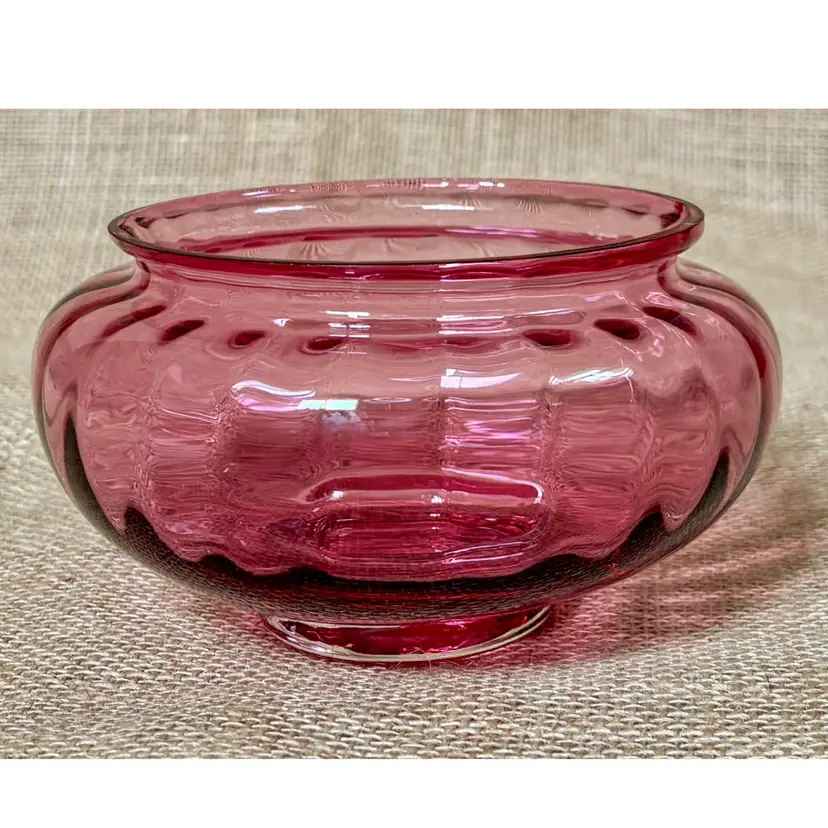 Vintage Pilgrim Cranberry Glass Bowl Ribbed Optic Centerpiece Planter Granny
