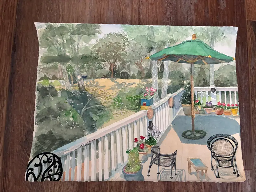 "Lou's Deck" Original Watercolor Garden Patio Scene Signed Warren C Plauche Landscape