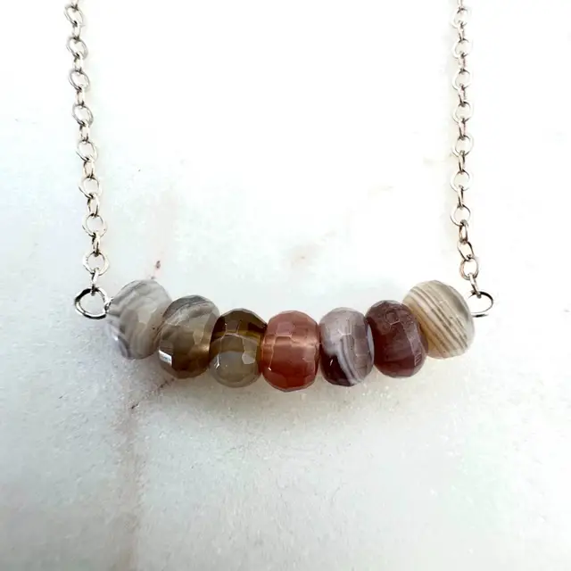 #53 Seven Faceted Botswana Agate  Gemstone Beads On A Sterling Silver Dainty Necklace 17”