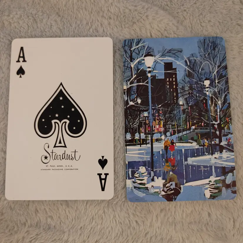 1 Single Swap Card - Playing Card. City Scene possibly NYC. Likely by artist John Berkey. Vintage. Ace of Spades. Made in MN. Dimension 2.5 x 3.5. Read description.