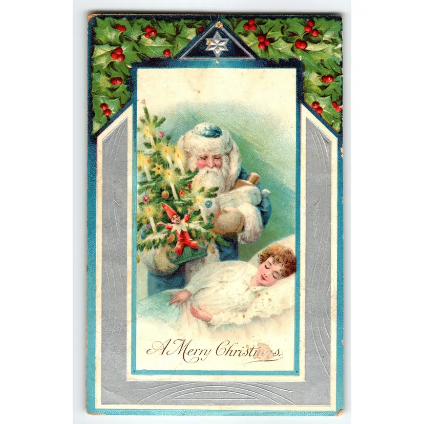 Santa Claus Blue Coat And Hat Holds Tree Lit Candles Child Sleeps Old World 1907