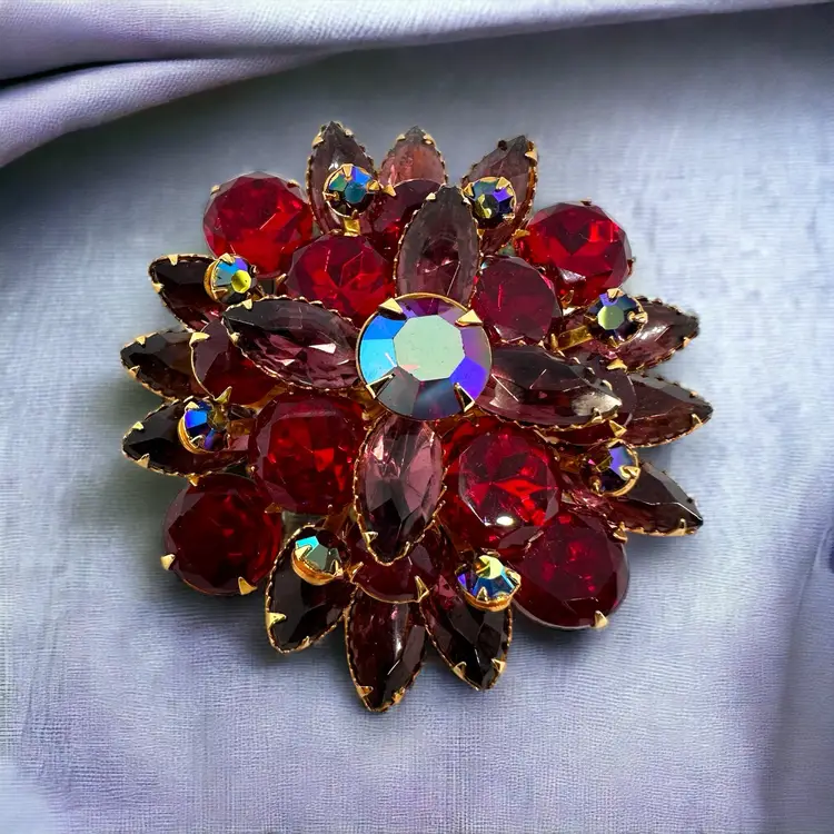 Ruby Red Rhinestone Brooch Vintage Domed Prong Set Faceted Marquis Christmas vtg