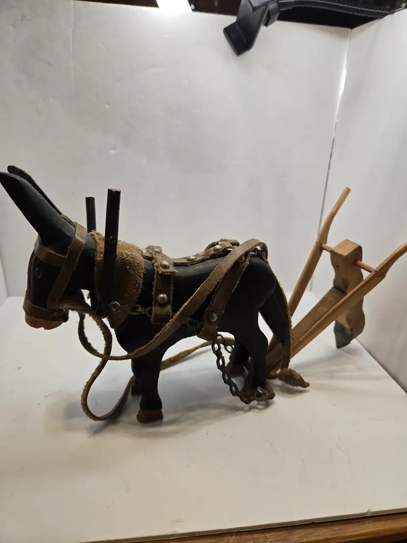 Vintage Folk Art Wooden Donkey & Plow Set - Leather Harness, Chains, Rustic Farm Decor