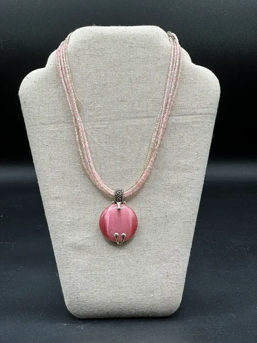Vintage Unsigned Premier Design Pink Glass Bead Pink Cats Eye Necklace 16”+2”