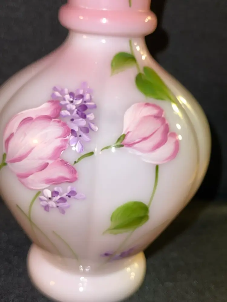 FENTON Pink Rosalene Art Glass Hand Painted Flowers Ruffled Vase By J. Hughes