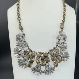 Vintage J. Crew Statement, Necklace, Champagne And Clear Rhinestones, Antique Brass Finish, mariner, Ring, Clasp, 24” Long