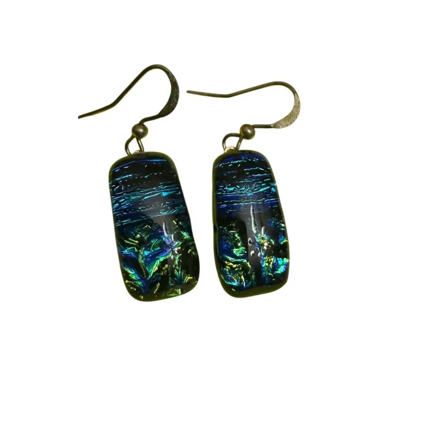 Sterling Silver And Dichroic Blue Green Ocean Design Glass - Drop Earrings