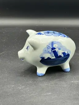 Vintage Delft Blauw Blue Piggy Money Bank Holland Windmill Porcelain 4" EC