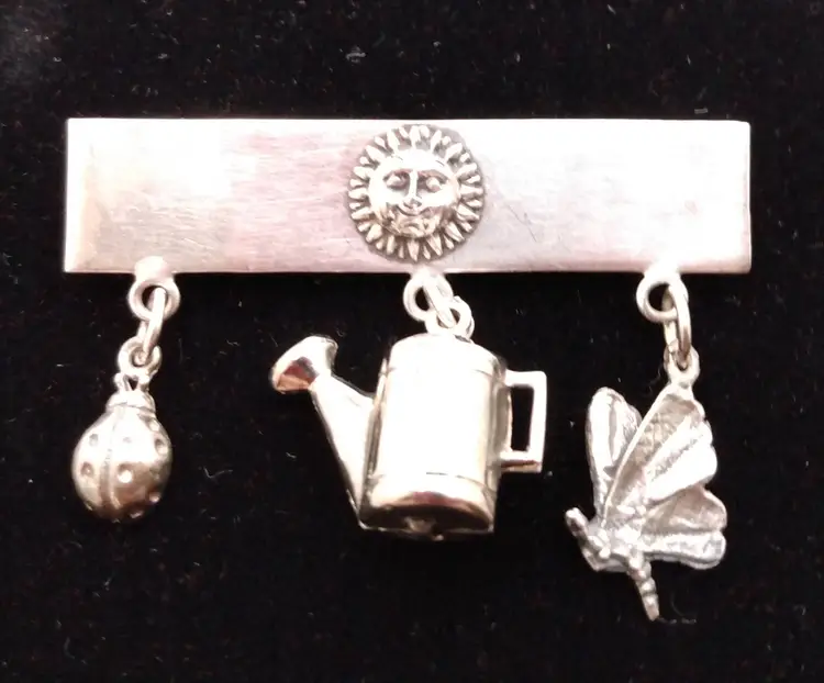 VTG Artisan M&W Sterling Silver 925 Brooch Bar Pin Gardening Sun Ladybug 1.75"