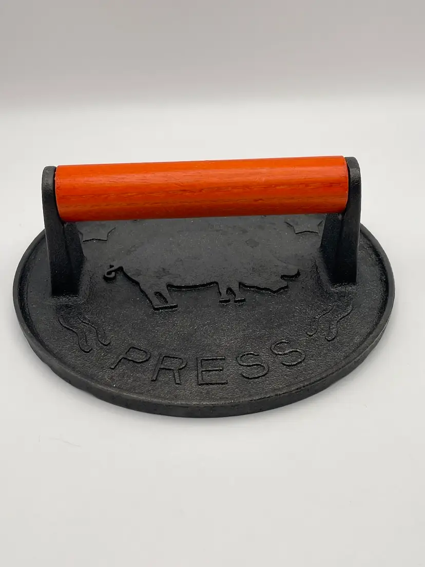 7" Inch Cast Iron Round Bacon Burger Press with Wood Handle