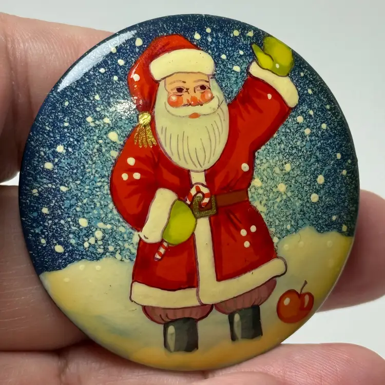 Vintage Russian Lacquer Wood Santa Claus Brooch Pin Christmas Scene Hand Painted
