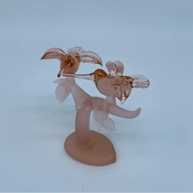 #1470 Pink lampwork glass Hummingbirds with palm tree sculpture Lauscha Germany