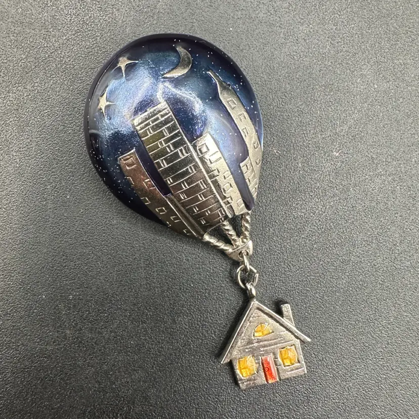 Vintage Hot Air Ballon Enameled Silver Tone Brooch, Stamped DIVINE 2.5”H