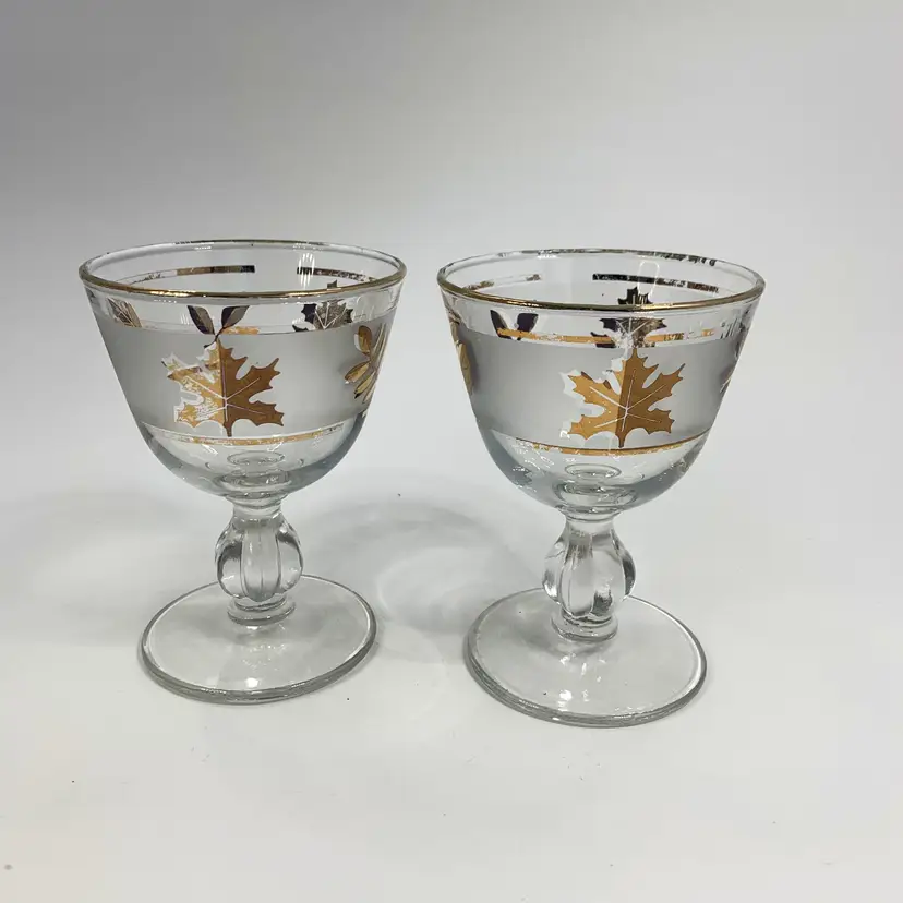 Libbey Golden Foliage Sherbet Stemware Leaf Frosted Vintage MCM Set of 2