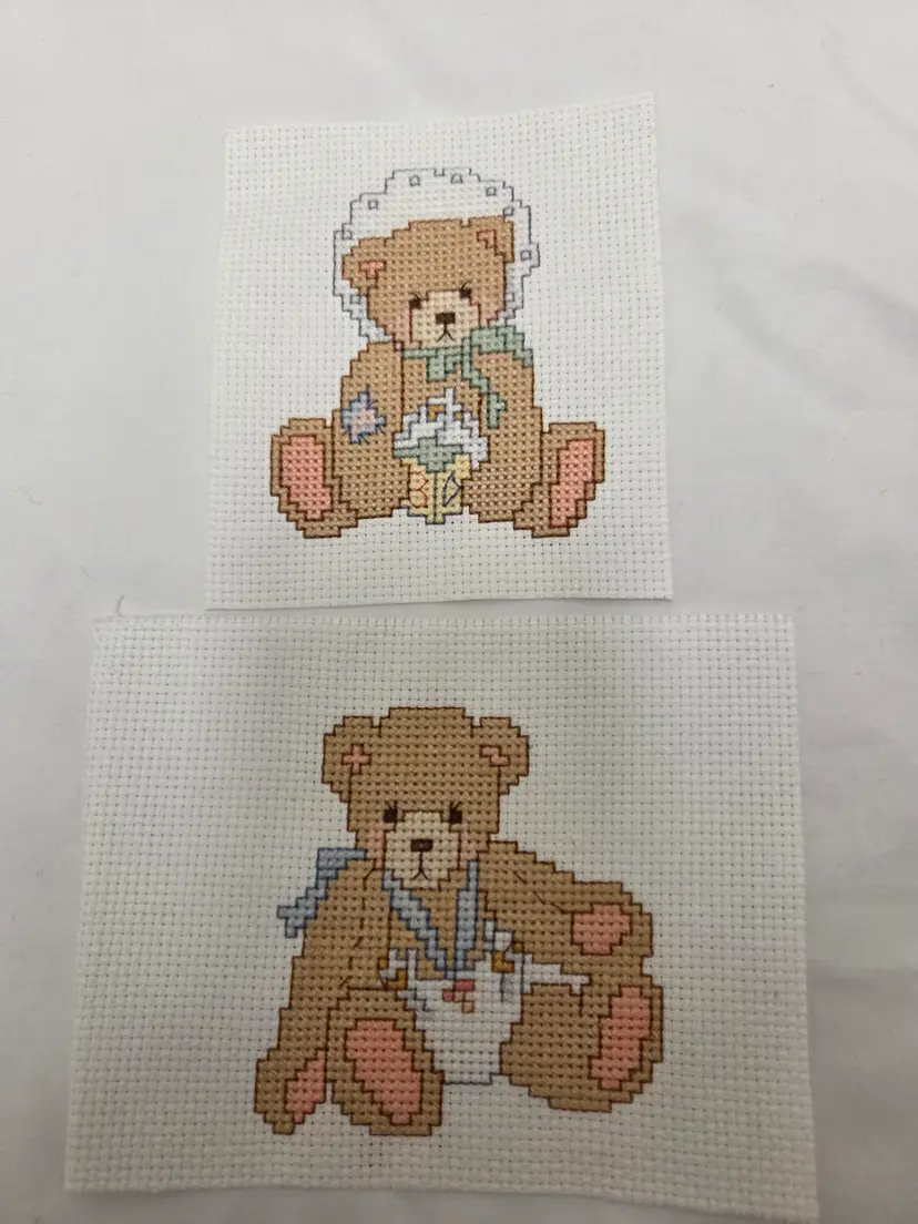 Lot of Two New Handmade Finished Cross-stitched Pieces Cherished Teddies One Boy and One Girl