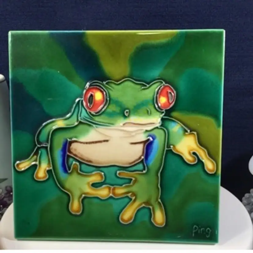 Vintage Tree Frog Tile Trivet Wall Hanging Forrest Red Eyes Decor Signed Ping