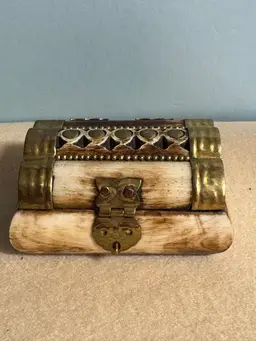 Vintage Indian bone and brass trinket box with owl latch- 3” Wide