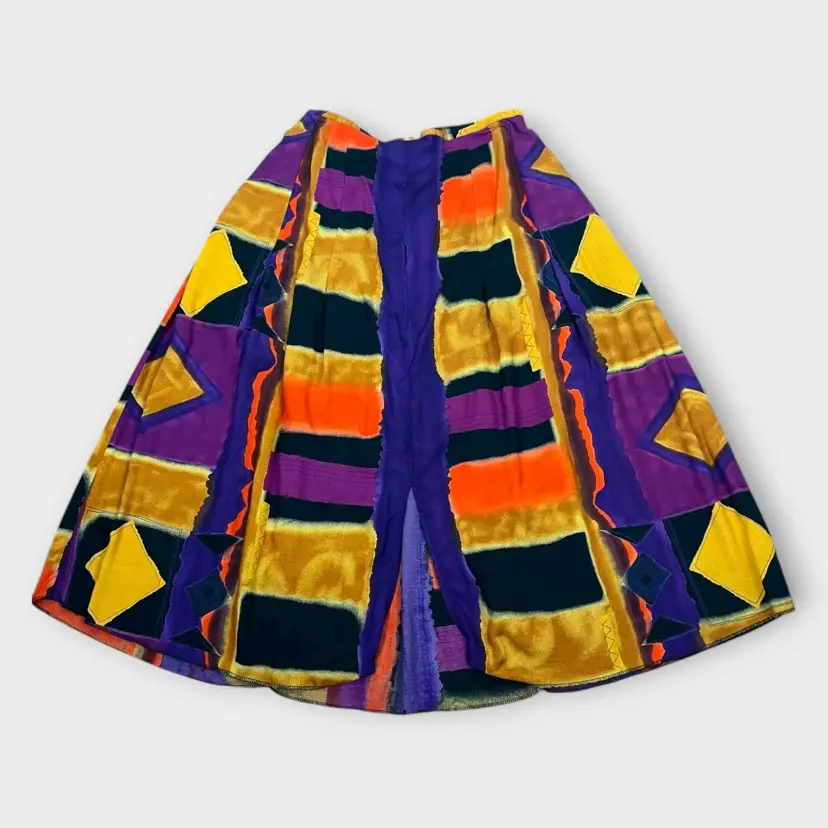 Vintage Rayon Boho Midi Skirt Block Print Colorful Pockets Small