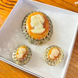 1950s Cameo Set Resin Goldtone Hong Kong Vintage