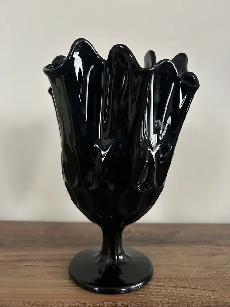Fenton Black Glass Handkerchief Thumbprint Pedestal Vase