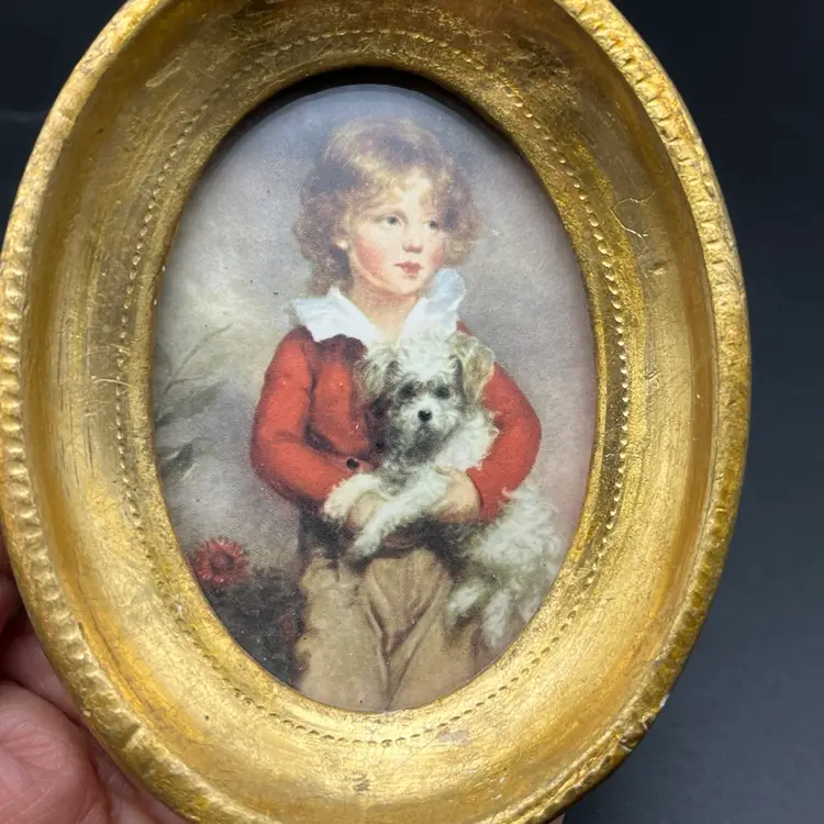 Miniature Vintage Arthur Devis Gold Frame Boy With Dog  4”