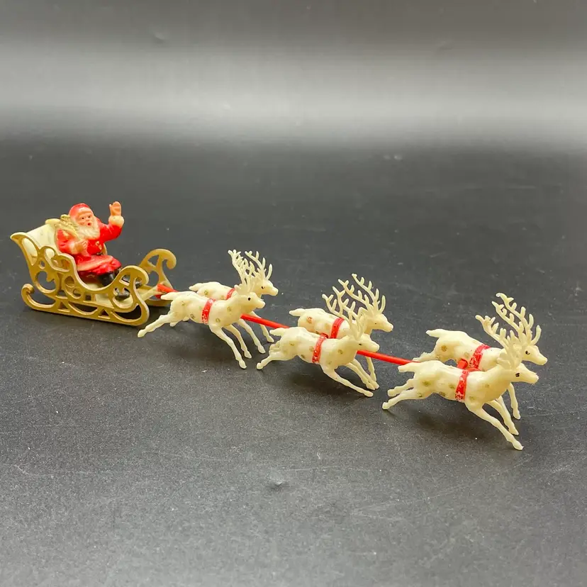 Santa Sleigh Reindeer Miniature Figurine Cake Topper VTG Plastic Christmas Kitschy Kitsch