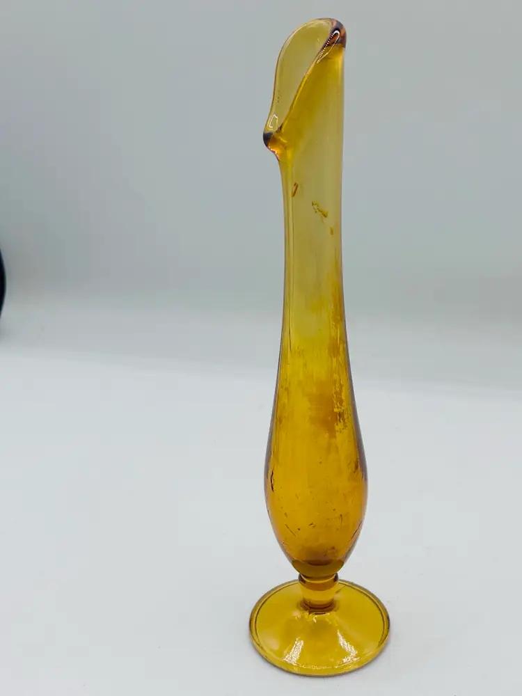 Vintage Amber Swung Stretch Glass Bud Vase 9" Round Base MCM Retro