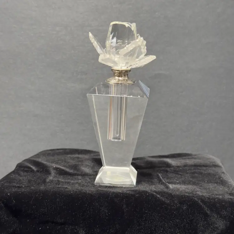 #1422 Shannon Crystals Design of Ireland, Handmade Crystal Tapered Crystal Pyramid Perfume Bottle with Lotus Flower Rose has Multpile Crystal Petals