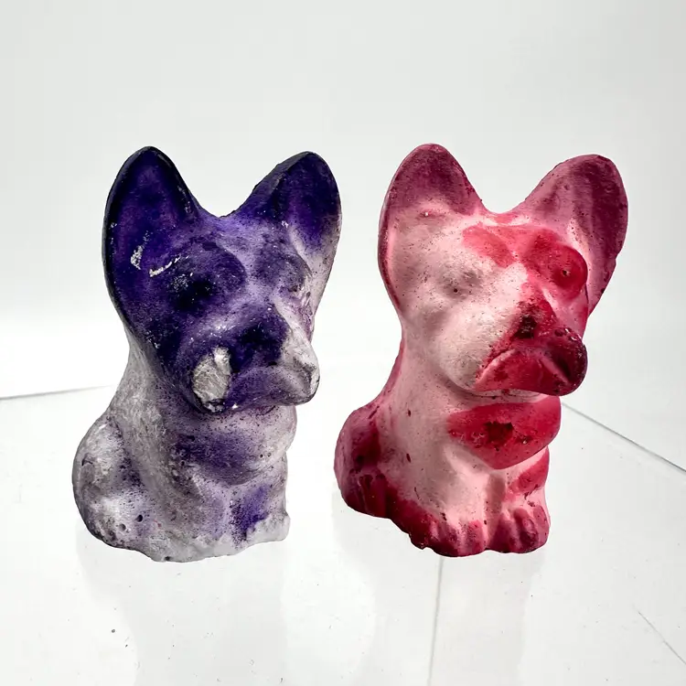 2 Vintage Chalkware French Bulldog Dog Figurines Red and Purple Carnival Prize