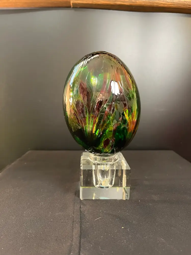 Hand Blown Art Glass Egg Shaped Ornament w/ Maroons & Greens Swirls --Has Applied Clear Glass Hanger