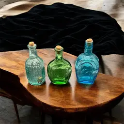 3 Vintage Mini Glass Bottles 3” Tall. Ben Franklin, Horse Shoe & Roddy Bitters