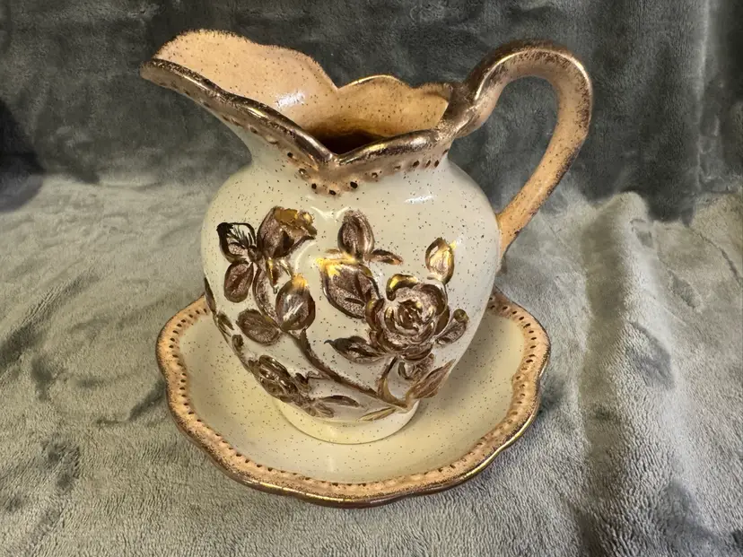 VTG Signed Art Studio Pottery Pitcher Basin Bowl Set2 Rose Gold Cream Brown 1978