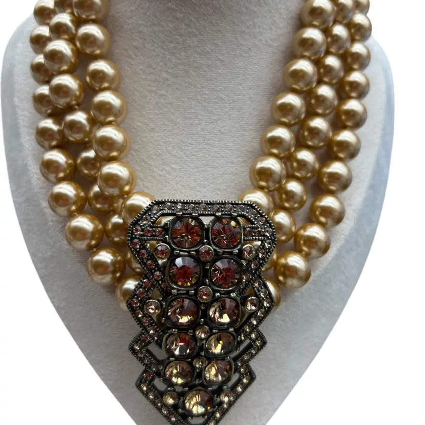 #01 Heidi Daus Multi Strand Gold Tone Faux Pearl Necklace Rhinestone Pendant Statement Adjustable 18”