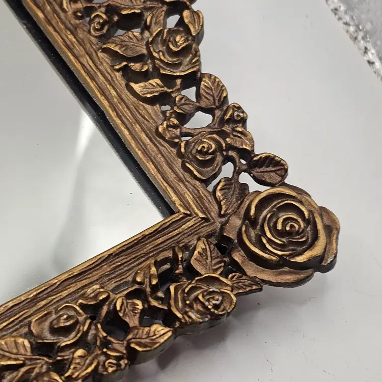 Gold Tone vanity tray mirror with rose floral Ornate Design