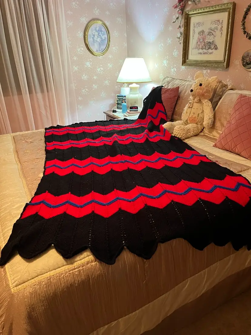 Hand Made Afghan-Black, Red & Royal Blue Chevron Pattern