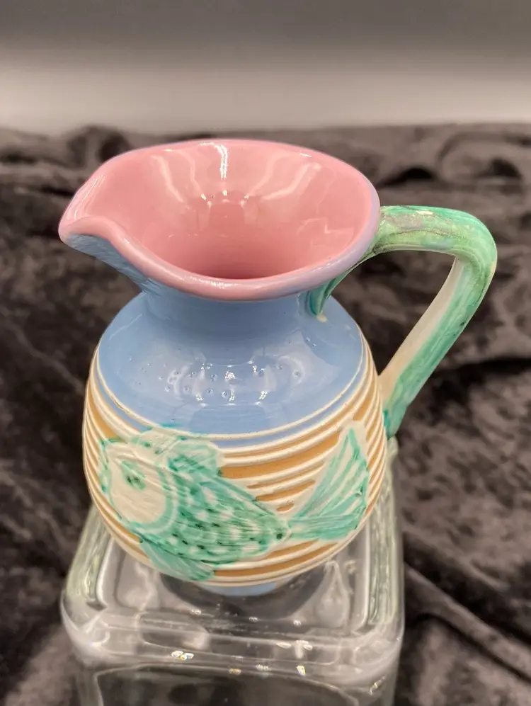 Vintage Handmade Pottery, Elbee (Italy) Small Vase, Pitcher w/Goldfish, Majolica, Signed & Numbered