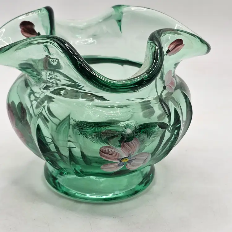 Fenton glass Ruffled rose Vase Bowl Handpainted Floral Signed M Wagner