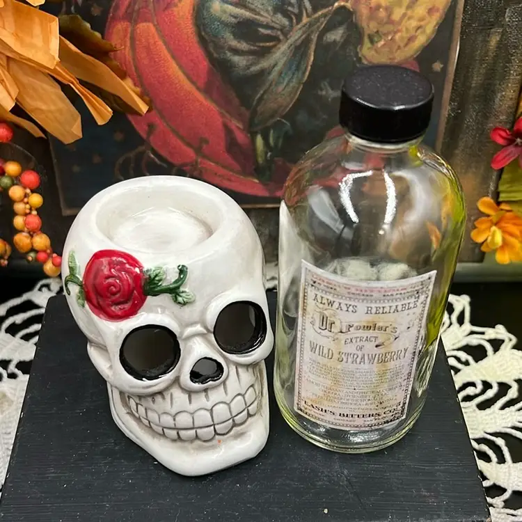 Skull Votive 3”tall And Wild Strawberry Bitters Bottle,