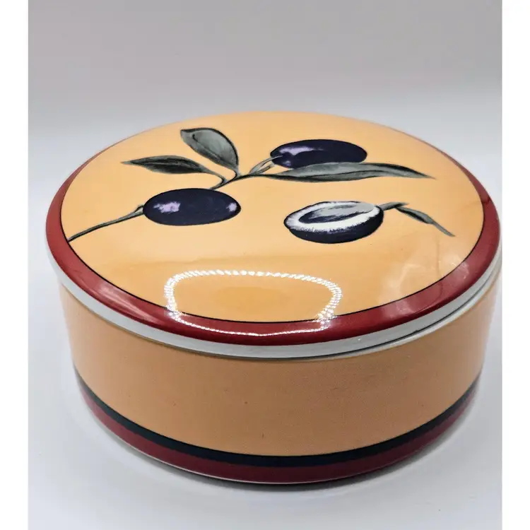 #01 - 2003 Olivier Appetizer Plates in Ceramic Container, 5" wide x 2" tall, Four 4"diameter Plates