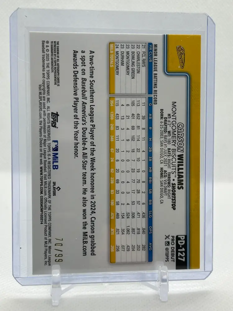 Carson Williams 2025 Topps Pro Debut Auto Green /99 Tampa Bay Rays