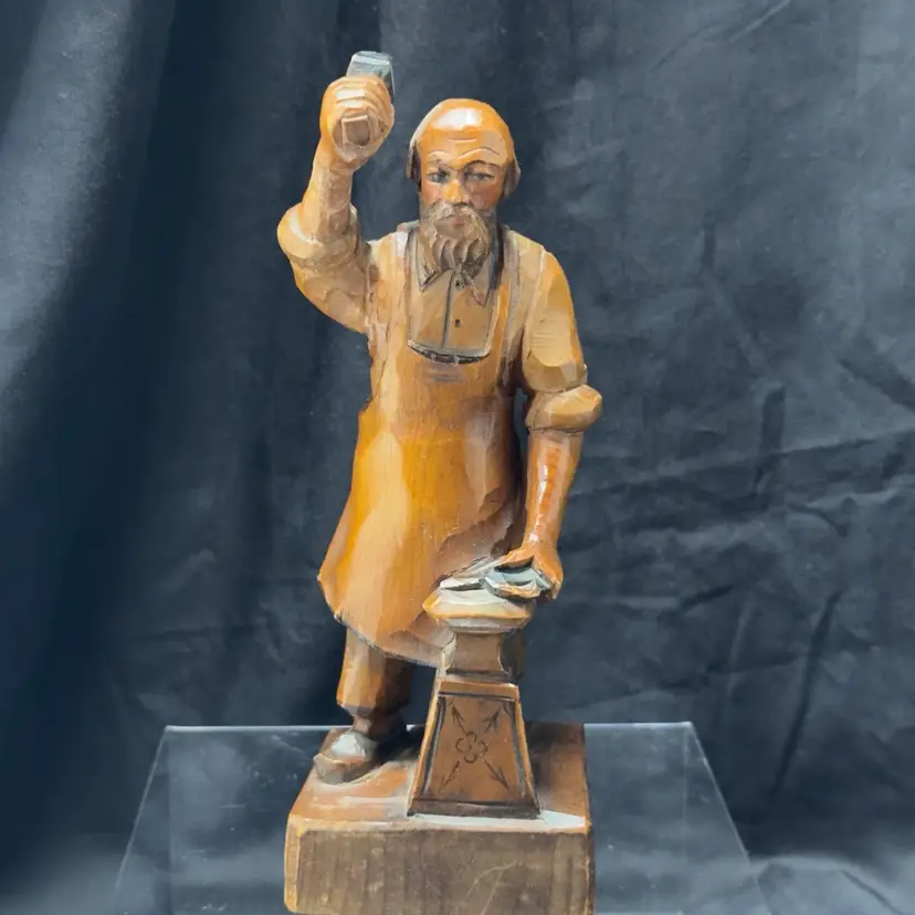 #1726 Folk Art Hand Made Unsigned Wooden Blacksmith Figurine