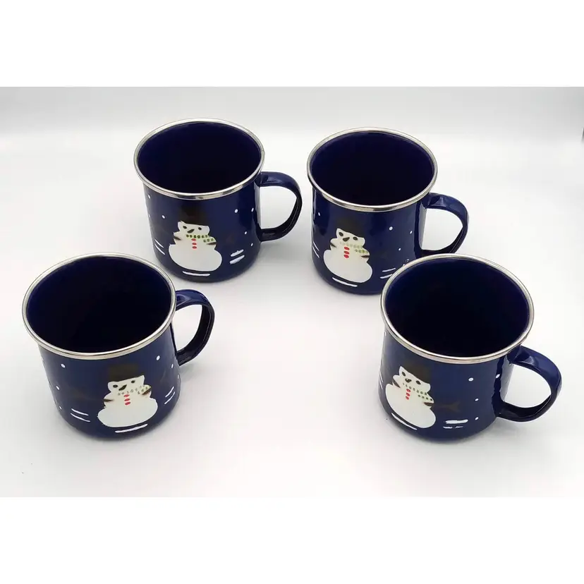 Vintage Set of 4, The Golden Rabbit Enamel Snowman Mugs By Denise Harvey 1997